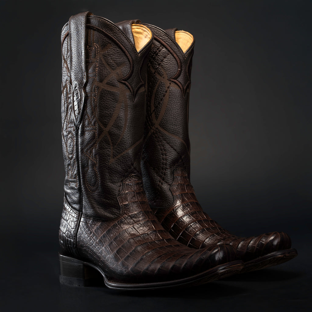 JR De Luxe Western Boots Mens Size 6 Brown Exotic Caiman Belly Leather Cowboy Caiman belly rodeo square toe boot – Los Potrillos Western Wear main image 2